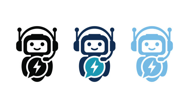 Robot customer service icon, support bot with headset and lightning chat bubble, vector logo illustration