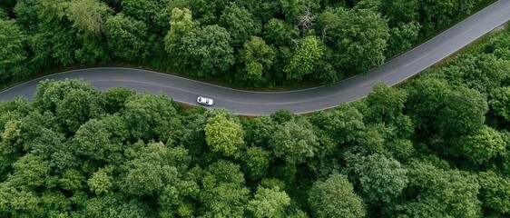 Obraz premium Aerial view of a winding road through dense green forest with a white car driving along it