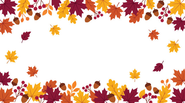 Autumn leaves and acorns border vector illustration in vibrant fall colors for seasonal invitation design