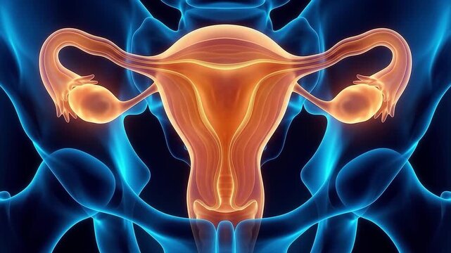 3D anatomical illustration of the female reproductive system highlighting the uterus, ovaries, and fallopian tubes within the pelvic bone structure.