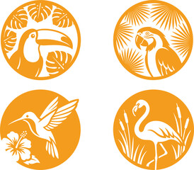 Obraz premium Tropical Exotic Birds Round Emblem Vector Set Featuring Orange Toucan, Parrot, Hummingbird, and Flamingo Silhouettes with Monstera Leaves, Palm Fronds, and Hibiscus Flowers for Summer Travel,
