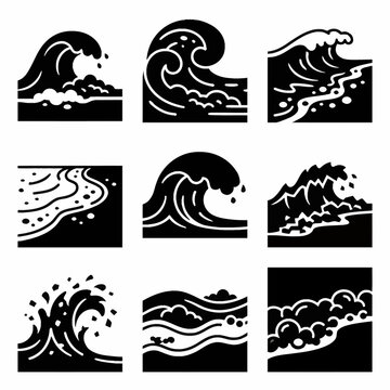 Dramatic aerial view of a powerful ocean wave breaking with white foamy tide rushing over the deep blue sea surface, coastal water splashing and crushing on the shoreline.