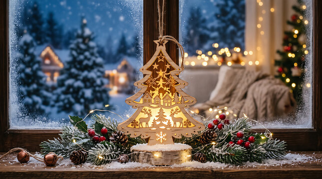 Cozy winter scene featuring illuminated wooden Christmas tree decoration on windowsill