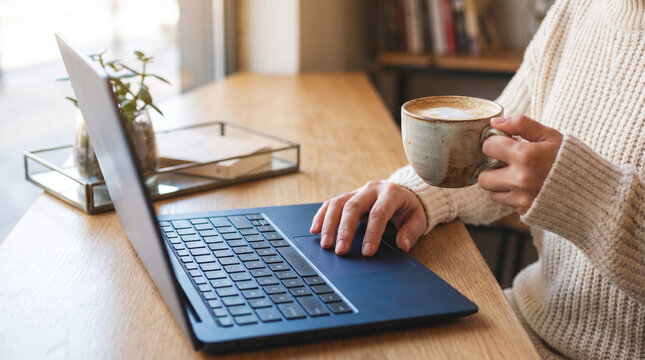 Woman Working on Laptop with Coffee at Home, Cozy Remote Work and Work From Home Lifestyle 