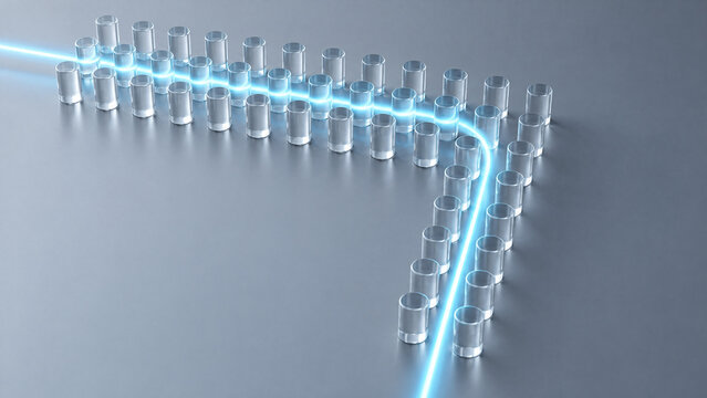 3D topological photonic crystal scattering-immune edge state concept, translucent dielectric rod array with glowing unidirectional backscattering-protected light path with copy space