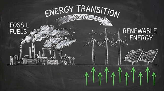 Illustration showing energy transition from fossil fuels to renewable energy sources