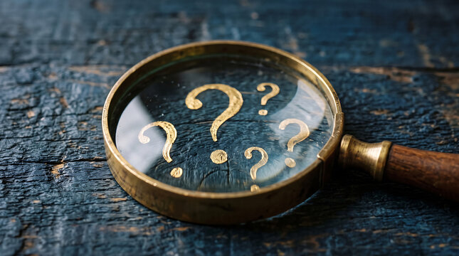 Magnifying glass focusing on question marks on dark wooden surface