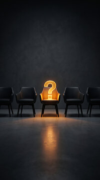 Single chair with glowing question mark in meeting room setting