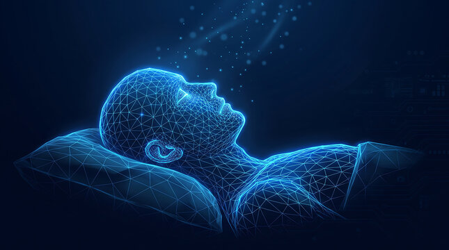 Relaxed person sleeping peacefully with futuristic wireframe overlay design
