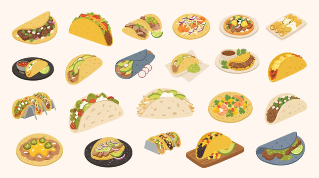 A vibrant collection of various Mexican tacos and dishes, showcasing diverse ingredients and preparations.