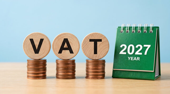 VAT Tax Concept Displayed With Coins And Calendar Showing Year 2027