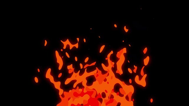 Fire flame torch looping 2D animation, 2D cartoon comic style fire, animated cartoon fire bonfire effect, high quality motion of 2d fire effect for cinematic video effects on black screen. 4k video