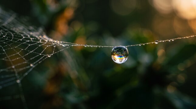 Dew drop on a spider web in the morning sunlight