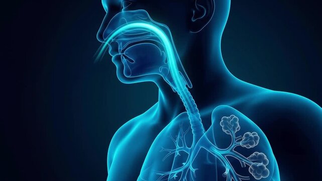 Medical Illustration of the Human Respiratory System Showing Air Flow Through the Nasal Cavity and Into the Lungs and Alveoli