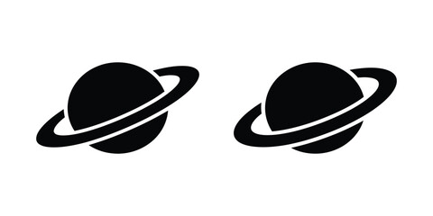 Two black silhouette icons of the planet saturn with rings isolated on a white background © Hasan