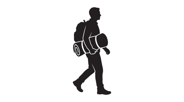 Hiker with backpack and rolled sleeping bag black silhouette