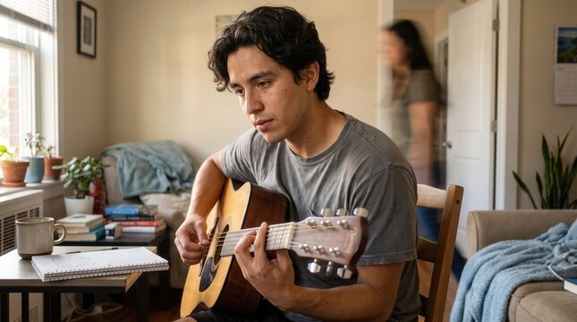 A young man sits comfortably in his living room playing a wooden acoustic guitar while practicing chords with intense focus and dedication during a peaceful afternoon at home in his residential