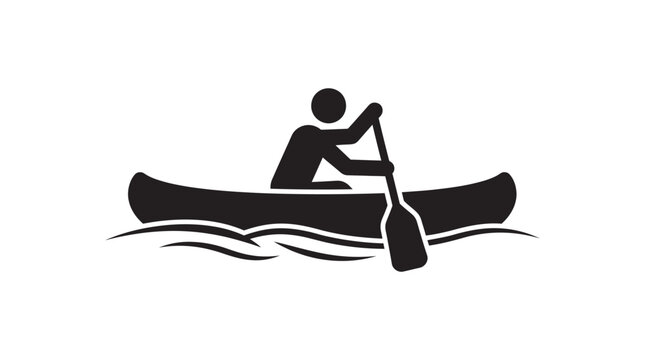 Canoe with paddler on water is depicted as a black silhouette