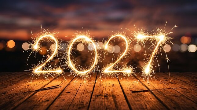 Golden sparklers trace numbers 2027 on wooden planks with bokeh lights background creating warm and inviting New Year atmosphere.