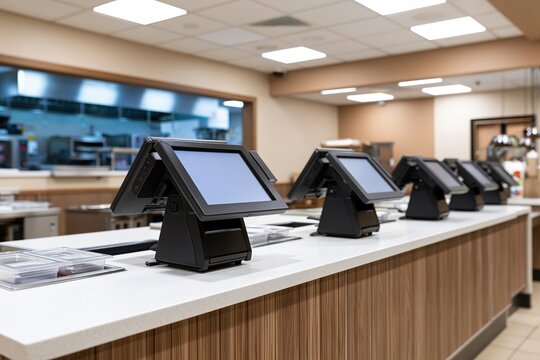 The POS Terminals on a Counter in a Modern Retail Checkout Area