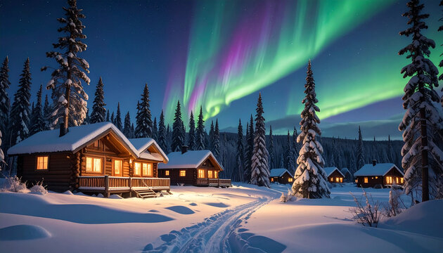 Cozy log cabins under vibrant Northern Lights in winter