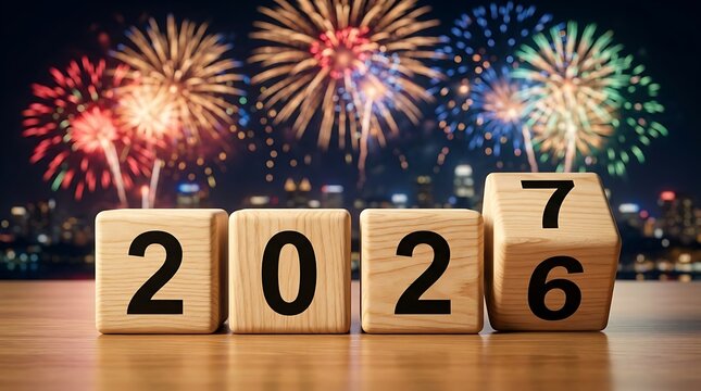 Wooden cubes displaying 2026 with fireworks in background symbolizing new year celebration concept, counting down to year twenty twenty six.