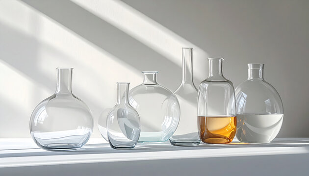 Glass laboratory flasks and bottles with amber liquid