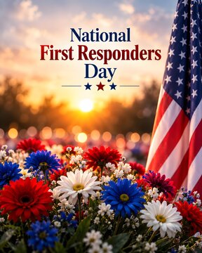 National first responders day greeting card with american flag and red white and blue flowers