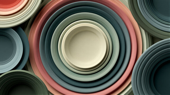 Morandi toned concentric rings radiate with gradient thickness on matte surface, evoking quiet luxury aesthetic with cream copy space for minimalist branding and elegant lifestyle backgrounds.
