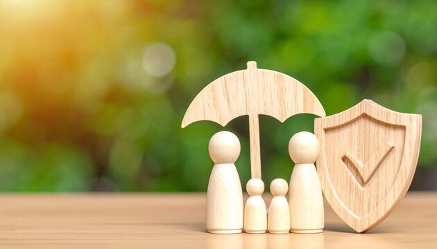 Family protection concept, umbrella sheltering figures, shield, trust, security