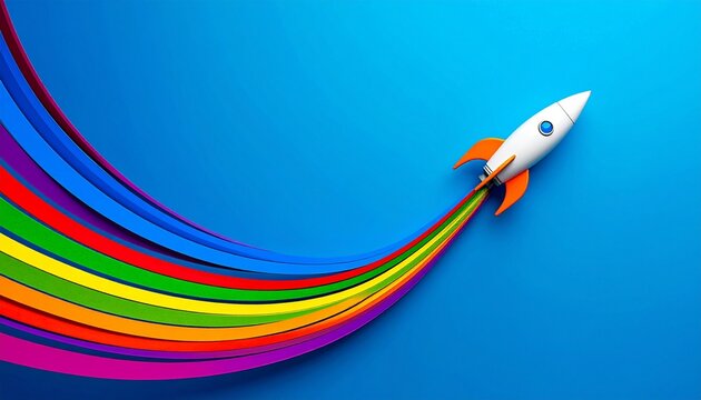 Rocket launch growth concept, colorful streaks, innovation, rapid success
