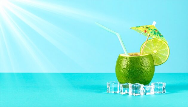 Refreshing tropical coconut drink, ice cubes, umbrella, sunlight, minimalist