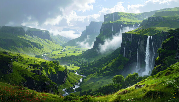 Lush green mountain valley with cascading waterfalls and a winding river