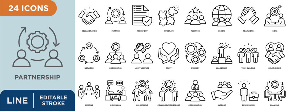Partnership line icon set with editable stroke for collaboration, partner, agreement, integrate, alliance, global, teamwork