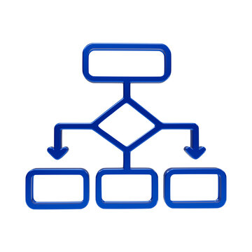 Glossy blue 3d flowchart decision tree with rectangular and diamond nodes on black background diagram