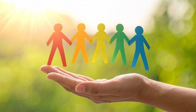 Hands protecting diverse paper chain, community care, unity, support