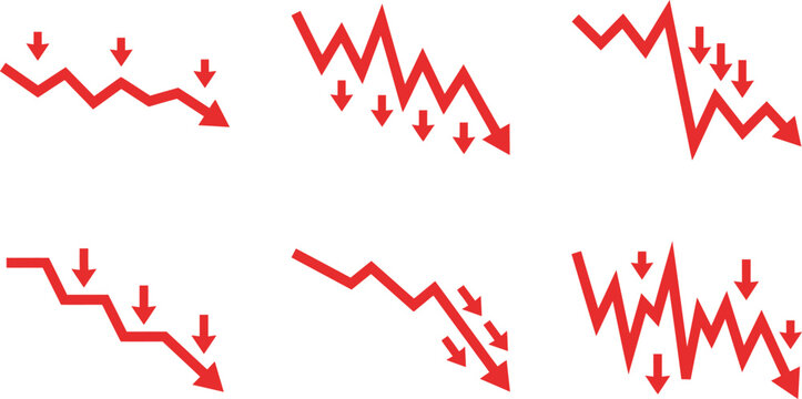 Red financial graphs showing business decline and market crash with falling downward trends and economic recession indicator symbols