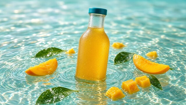 Bottle of golden juice surrounded by yellow fruit slices and leaves.