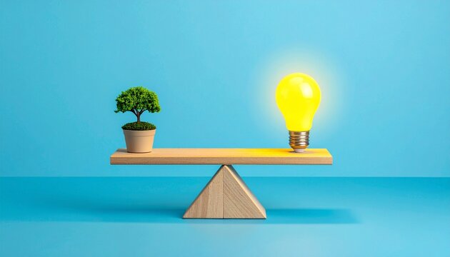 Idea and sustainability balance concept, lightbulb, plant, equilibrium
