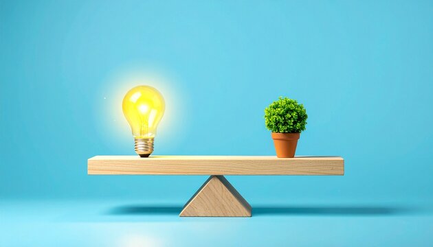 Idea and sustainability balance concept, lightbulb, plant, equilibrium