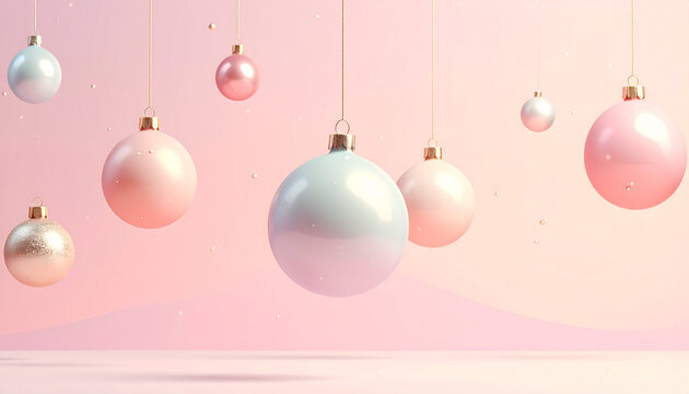 Pastel Christmas Ornaments Hanging on Pink Background
