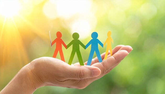 Hands protecting diverse paper chain, community care, unity, support