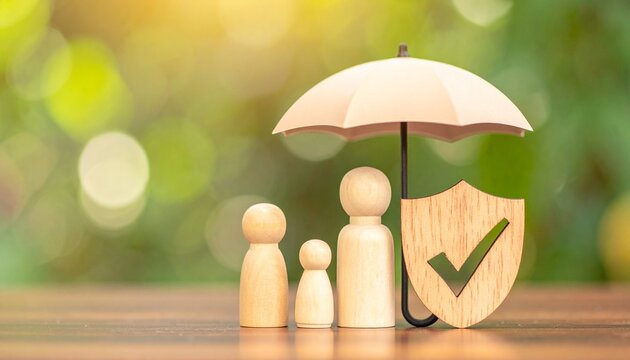 Family protection concept, umbrella sheltering figures, shield, trust, security