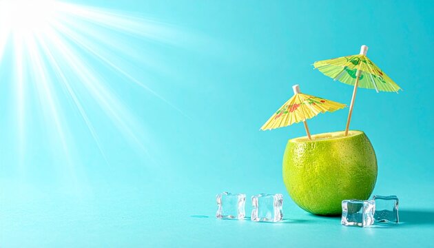 Refreshing tropical coconut drink, ice cubes, umbrella, sunlight, minimalist