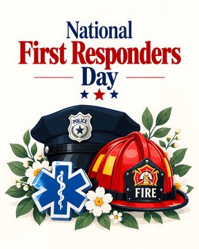 National first responders day greeting card with police hat firefighter helmet and medical symbol