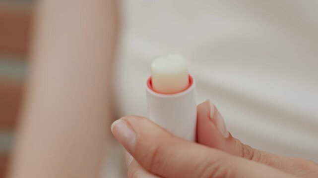 Close up view of hand holding and slightly rotating small white lip balm with red interior showcasing product texture and container details. background remains softly blurred to emphasize