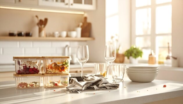 Recipientes con alimentos y vajilla sobre encimera de cocina luminosa
