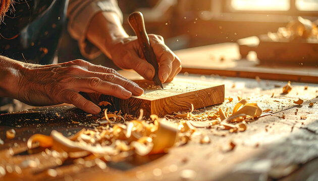Woodworker carving a wooden board by hand with traditional tools in warm sunlight
暖かな光の中で木材を手彫りする木工職人の制作風景