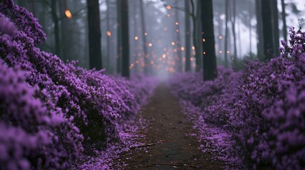 Obraz premium The Enchanted Purple Flowered Path Through a Misty Forest at Twilight
