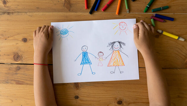 Child creating a colorful hand drawn picture with crayons on a wooden table
木の机でクレヨンを使って手描きの絵を作る子どもの創作時間